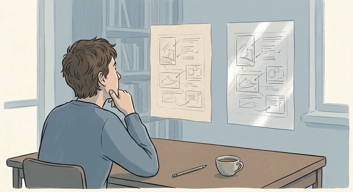 A calm illustration of a person at a desk looking at two reflections of the same drafted page, one plain and one glossier, considering which one matches how they see the work.