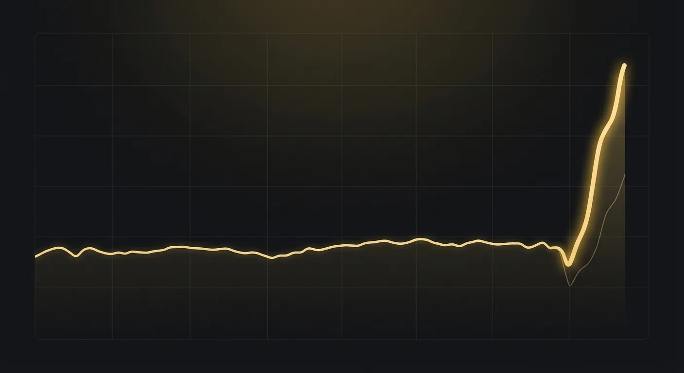 A single S&P 500 intraday price line for one trading day, calm and narrow in the morning then widening into a fast swing in the final hour, with a second faint line beneath it labeled dealer hedging flow moving in the same direction as the price.