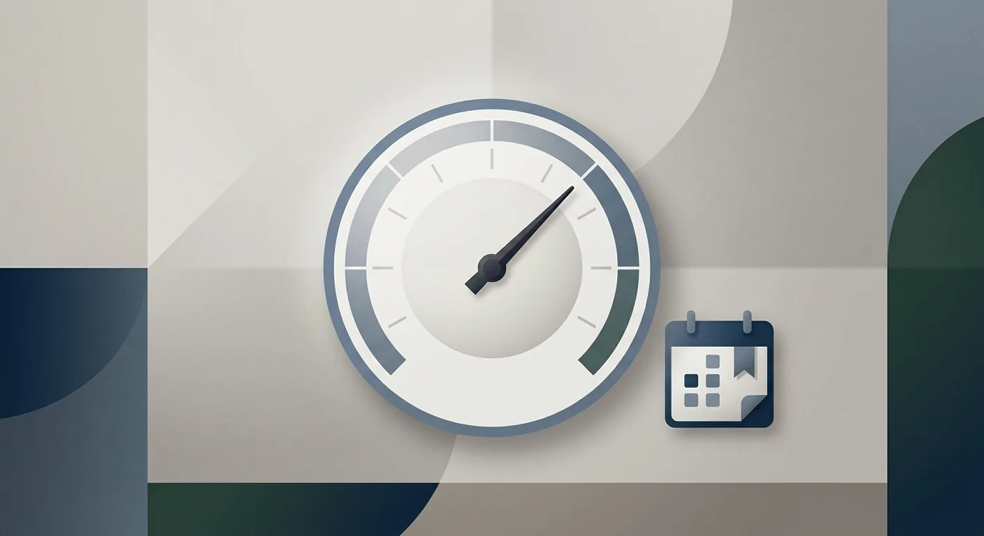 A minimalist usage gauge sitting near its upper limit beside a small calendar marker, representing a Claude Code subscription capacity ceiling that shifts from week to week.