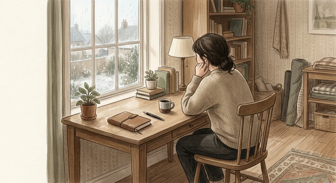 A person viewed from behind at a slight distance, looking toward a softly lit desk and window, rendered in a calm, muted editorial illustration style.