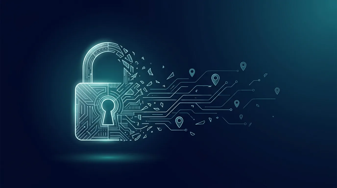 Abstract illustration of a glowing padlock dissolving into circuit-like data lines against a dark navy background, symbolizing hidden vendor telemetry inside a coding tool.