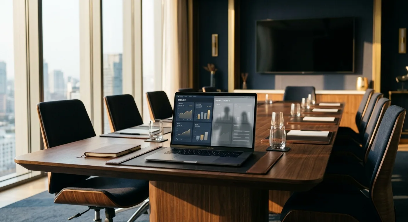 A boardroom table with a financial dashboard showing partial, incomplete data visualizations representing gaps in AI cost visibility.