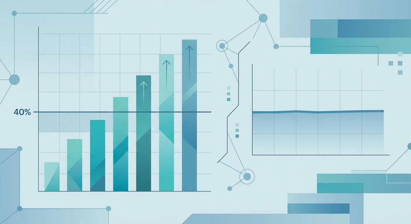 A dashboard-style illustration showing a leaderboard bar chart with open-weight models climbing past the 40% mark, next to a flat GPU pricing line graph.