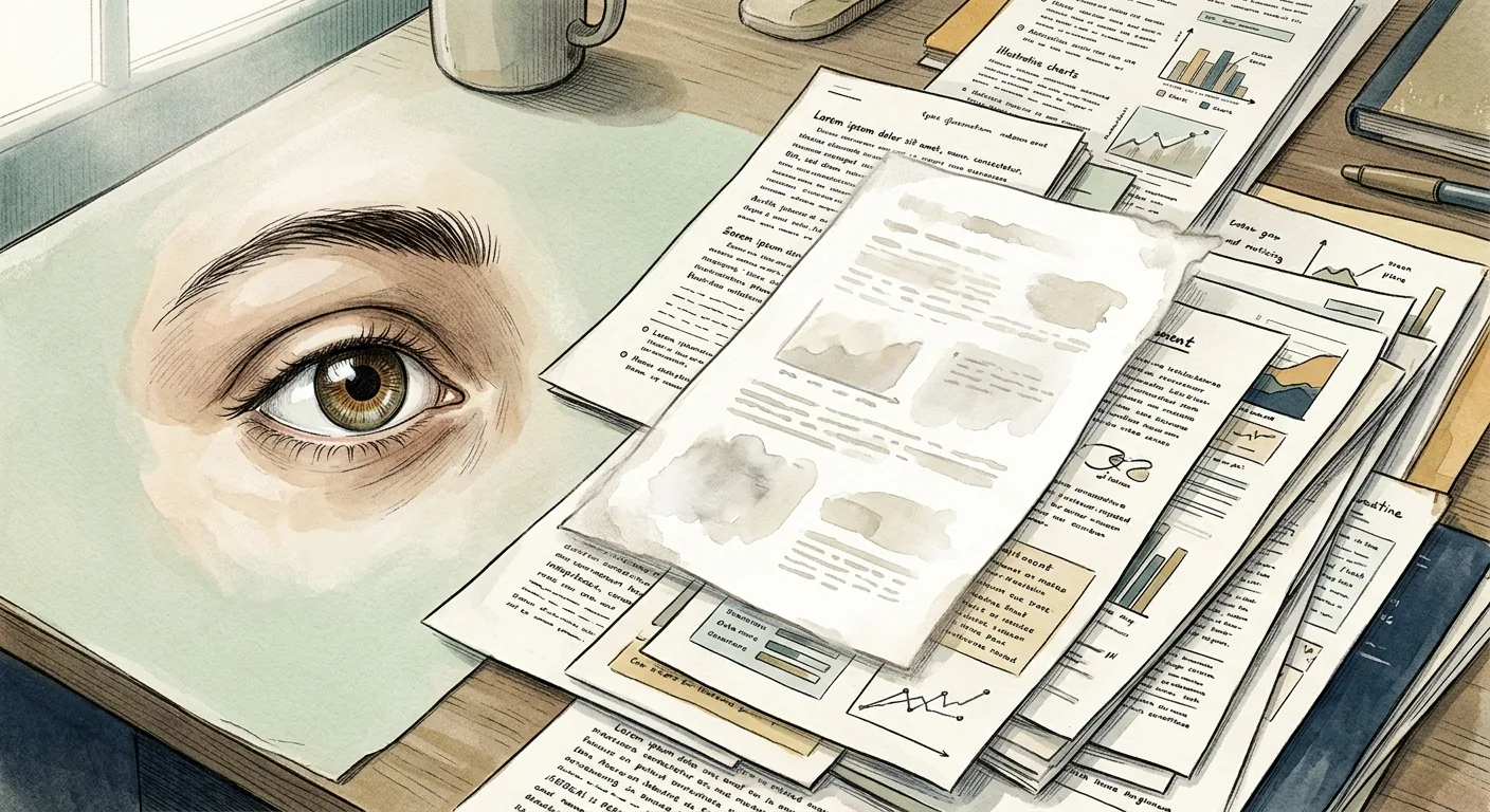 A calm, editorial illustration of a person's eye mid-scan across a stream of overlapping paper documents, with one document rendered faded and slightly blurred to suggest a brief gap in noticing, in a muted contemplative palette.