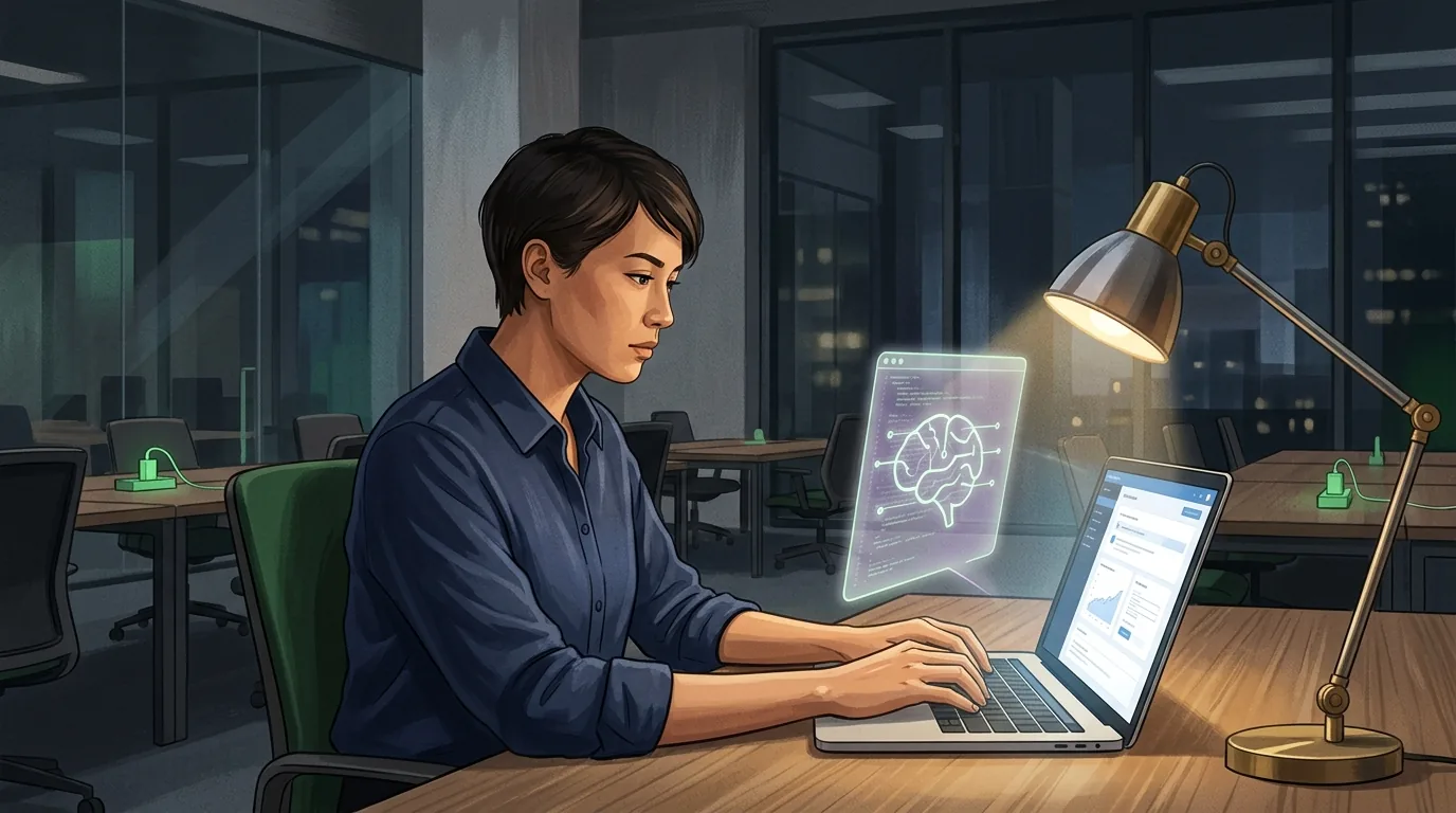 A founder at a laptop with a faint second, unofficial browser window glowing behind the main screen, symbolizing unsanctioned AI tools running alongside approved company software.