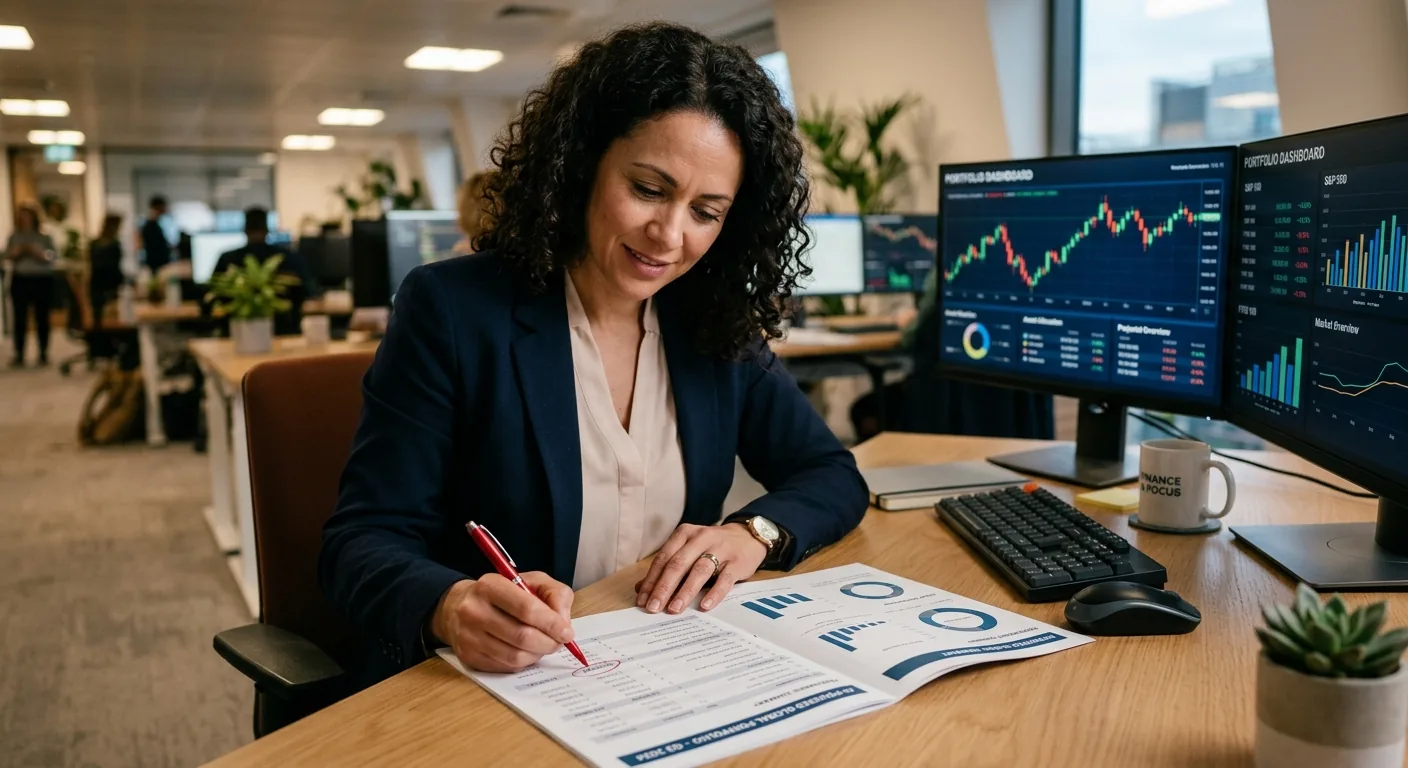 A financial advisor reviewing a printed AI-generated portfolio report at a desk, red pen marking a line item, dual monitors with charts glowing in the background.