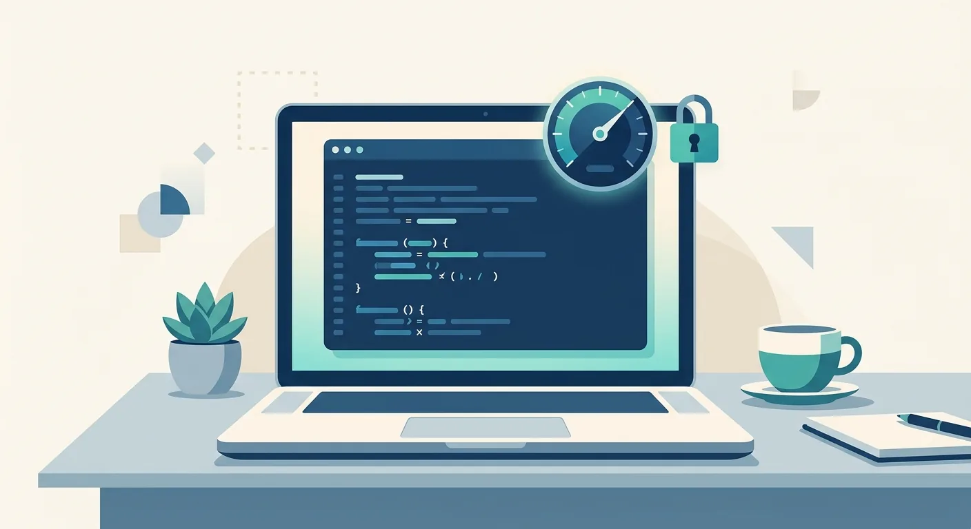 A laptop screen showing a coding interface with a small padlocked meter icon overlaying a usage gauge, symbolizing metered access hidden behind a free label.