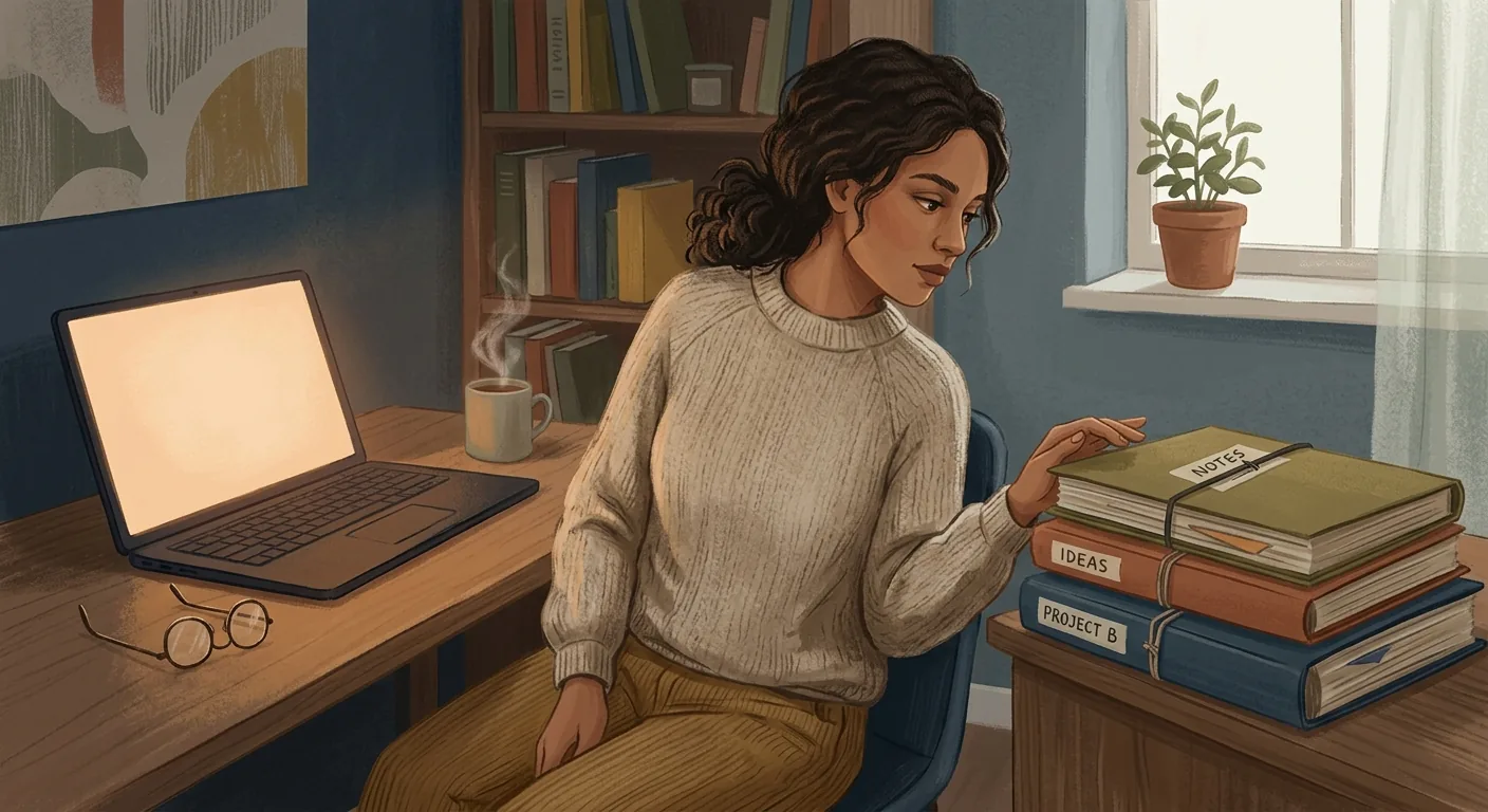 A calm illustration of a person at a desk turning away from a glowing screen toward a small stack of unrelated project folders, reaching for something steady nearby.