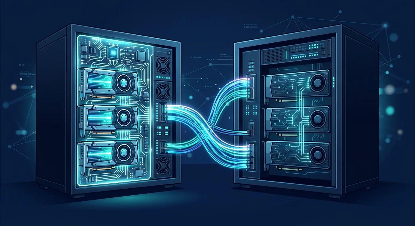 Two GPU server racks connected by cables, one glowing brighter than the other, representing a data-parallel versus tensor-parallel GPU inference decision