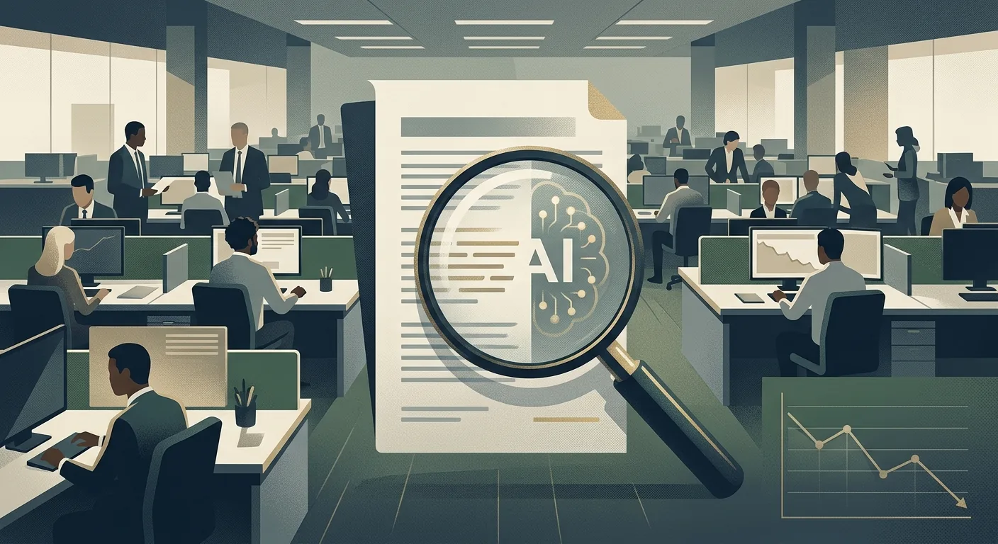 A stylized regulatory filing document with a magnifying glass over the phrase AI-powered, set against a muted trading floor backdrop with a small downward market chart in the corner.