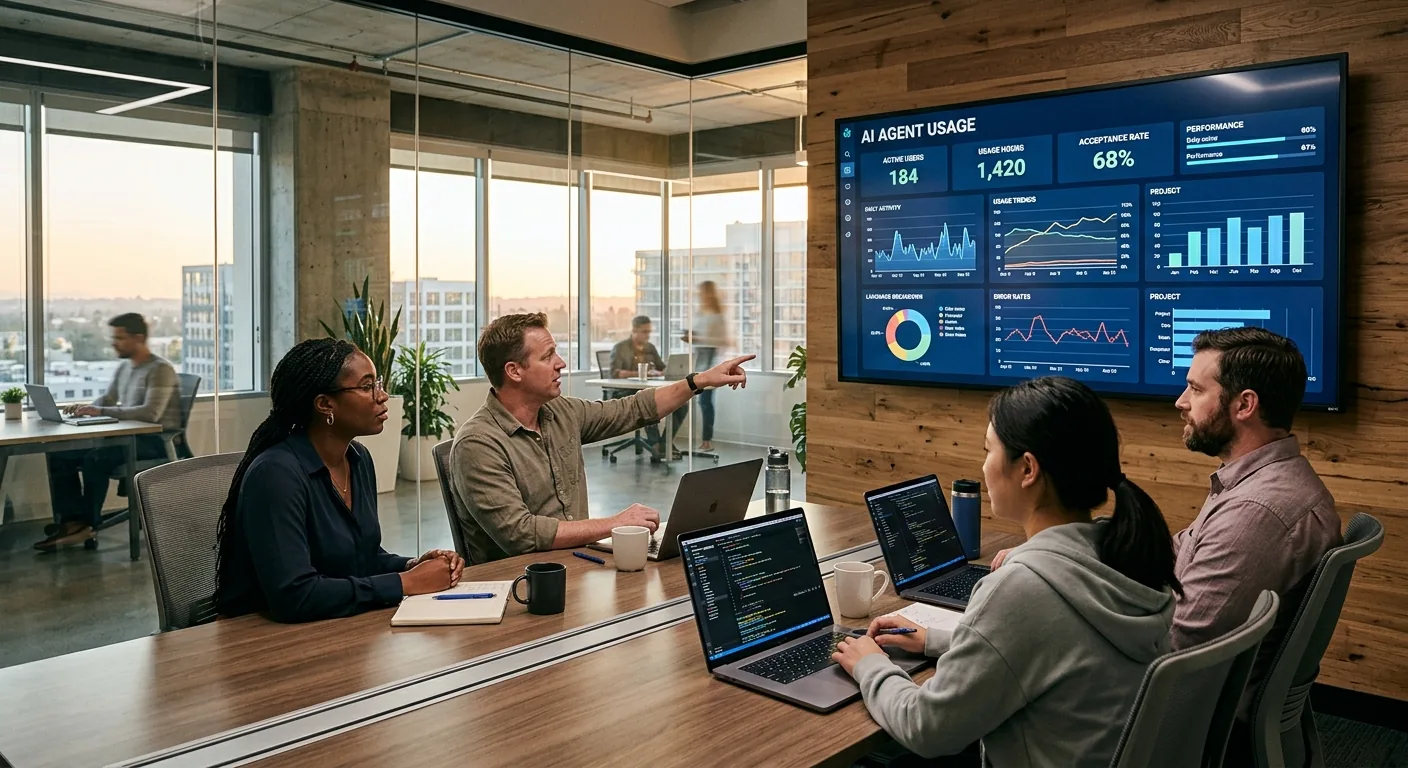 A software engineering team reviewing a dashboard of coding-agent usage data on a large monitor in a modern office, with code editors visible on surrounding laptop screens.