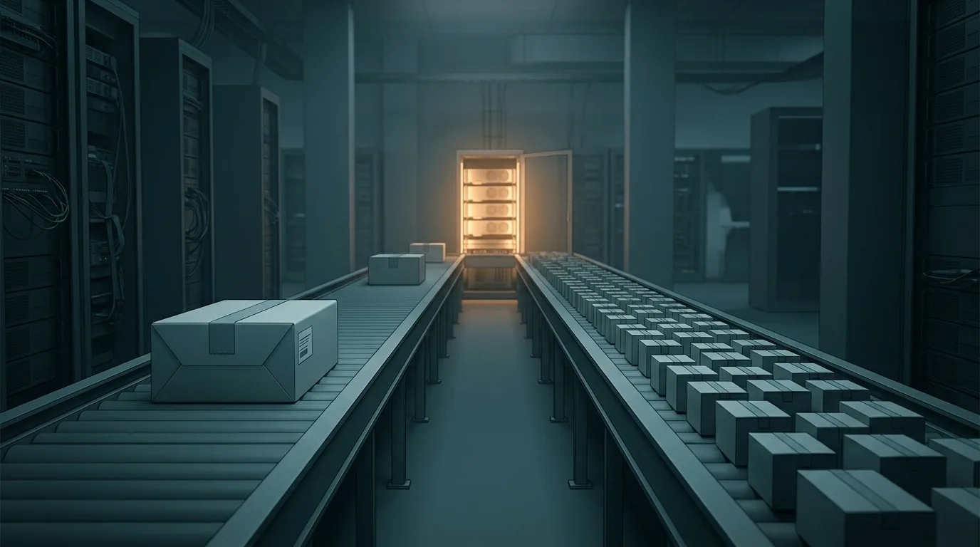 Two diverging conveyor tracks in a server room, one carrying a single labeled package and the other a rapid stream of small unlabeled packages, converging toward the same GPU rack.