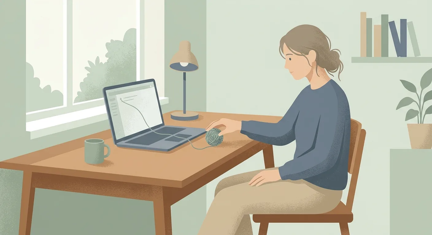 A person at a desk sliding a tangled ball of thread toward an open laptop, an editorial illustration in a calm muted palette.