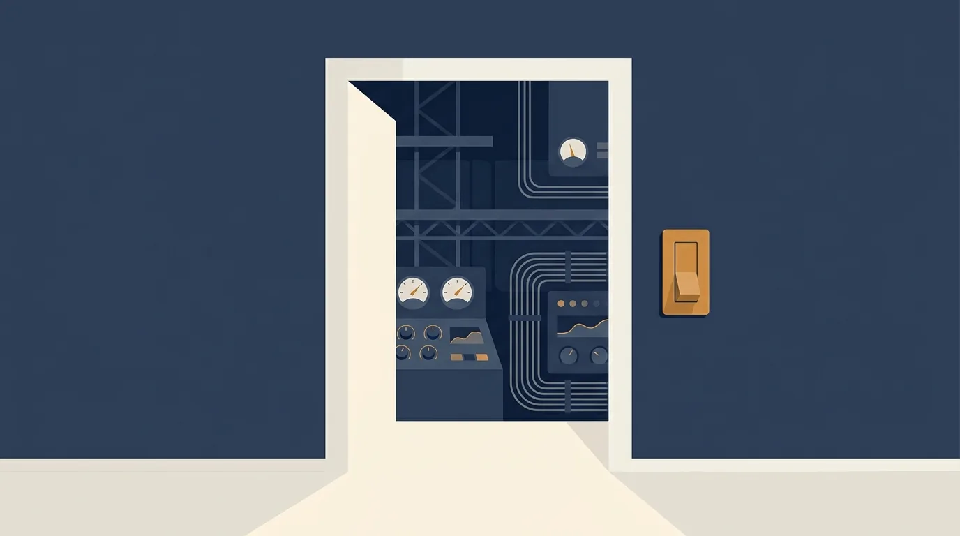 A bright open doorway labeled with a simple toggle switch, leading into a room filled with scaffolding, gauges, and control panels, symbolizing the easy no-code entrance and the engineering discipline behind it.