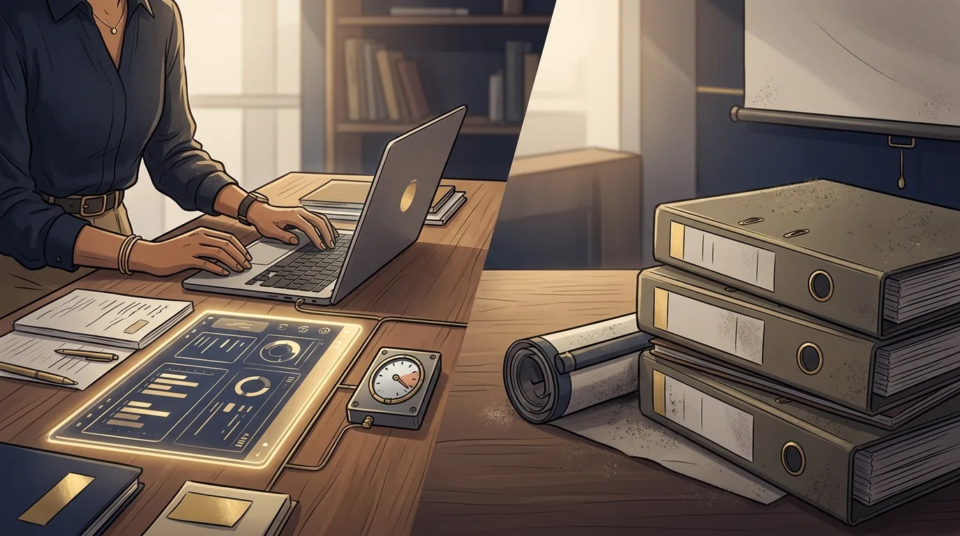 A split workbench scene: one side shows a worker practicing a real task alongside AI tools with measurable output, the other side shows an untouched stack of training binders gathering dust.