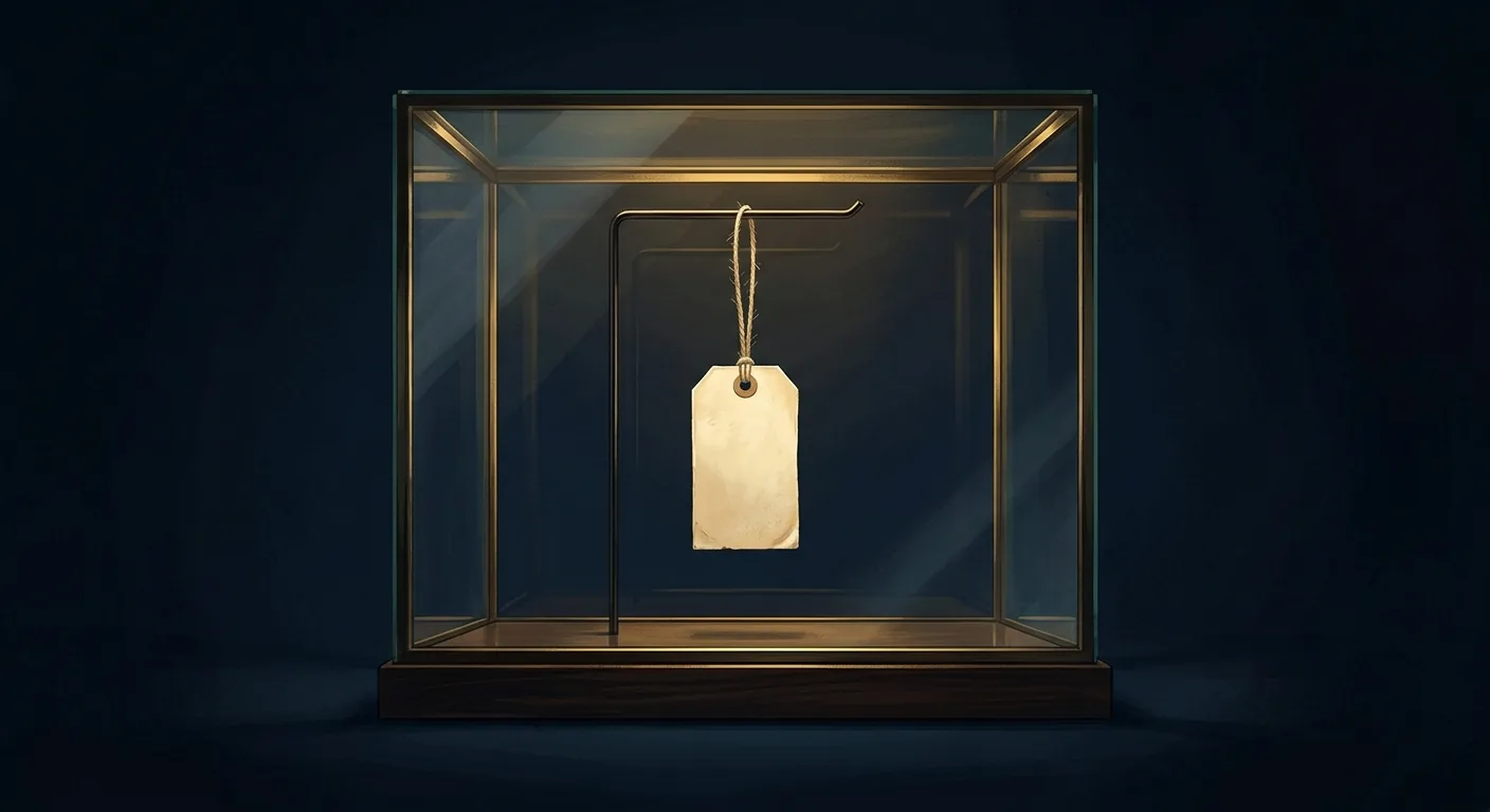 A sealed glass display case containing a paper price tag, lit in gold against a deep navy background, symbolizing a private company stake carried inside a public fund at a price set by its own custodian.