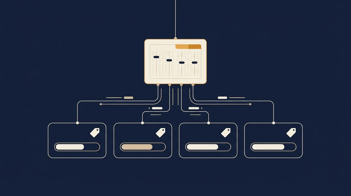 A flat editorial illustration of a routing switchboard with labelled lanes fanning out to four model provider cards, each card showing a price tag and a context-window gauge.
