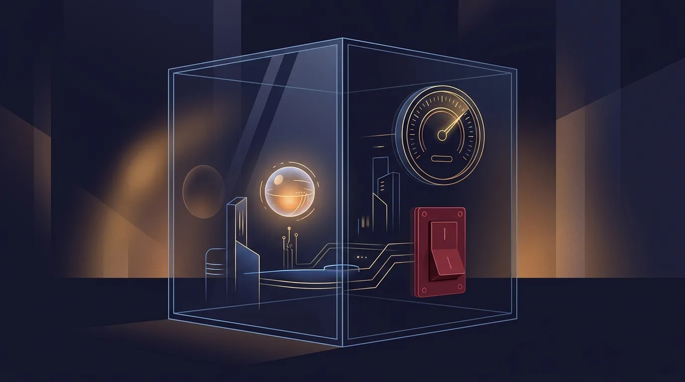 A small autonomous agent orb working inside a glass enclosure with visible boundary walls, a budget meter, and a physical stop switch mounted outside the glass.