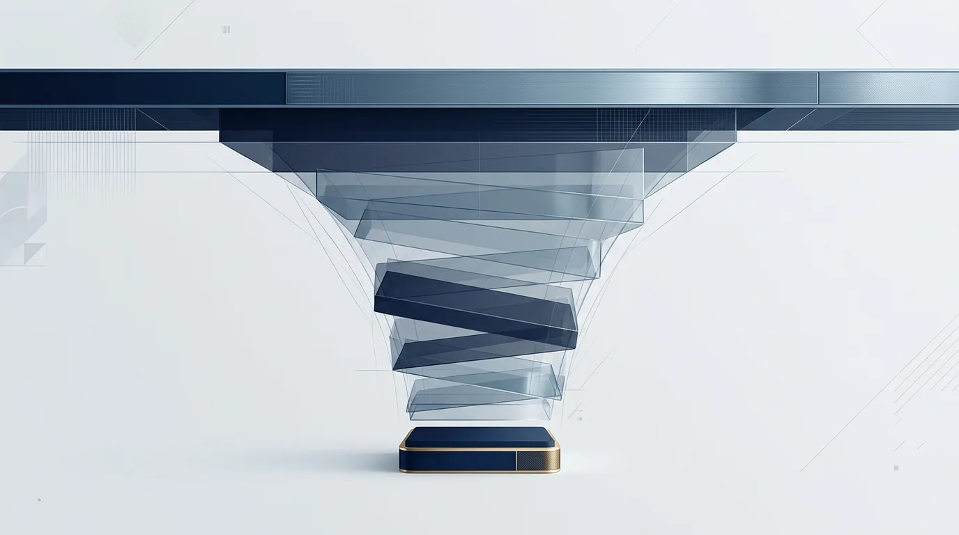 Abstract navy and steel illustration of a wide horizontal bar narrowing into a small gold segment, with faint stacked layers filling the space between them.