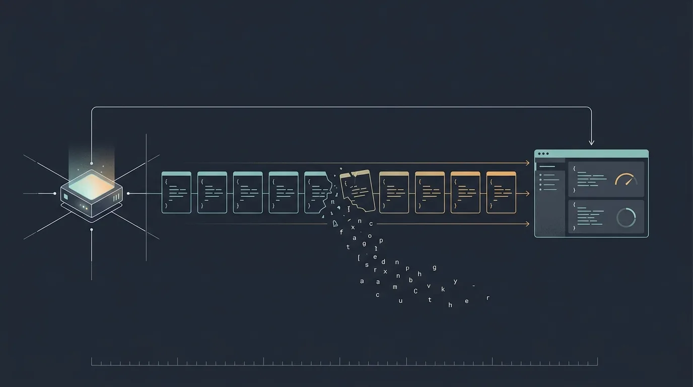 A schematic control-panel illustration showing a stream of JSON tool-call blocks flowing from a small local server into an orchestrator, with several blocks breaking apart into plain text before they arrive.