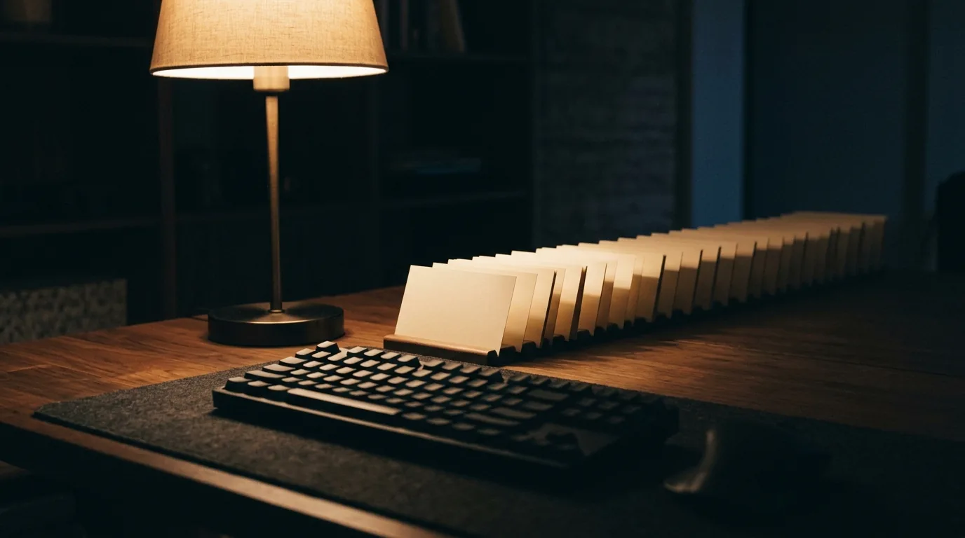 A single desk lamp lit over a keyboard in a dim room, with a long queue of near-identical document cards receding into the dark behind it.