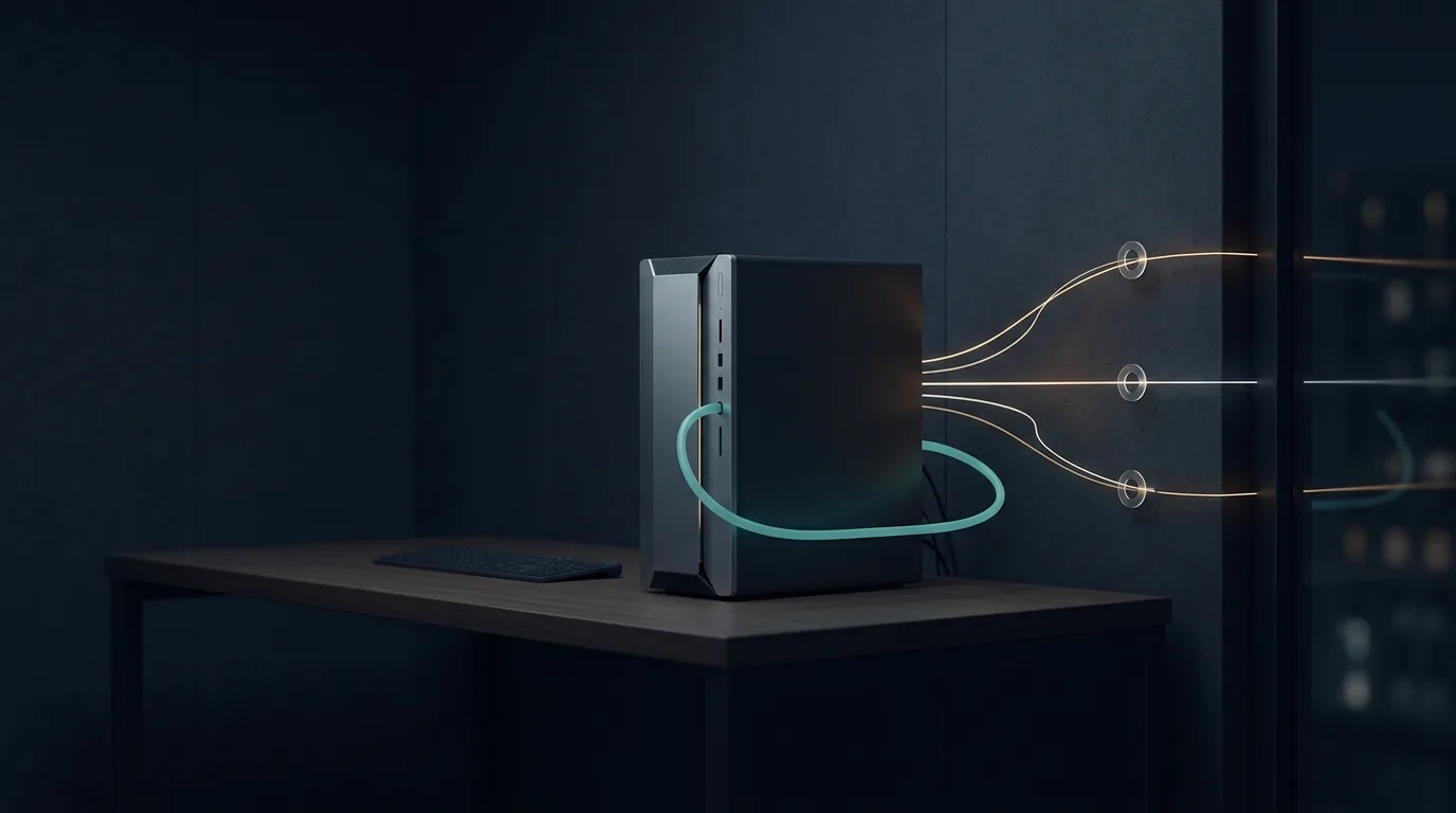 A workstation tower on a dark desk with several thin amber light traces leaving it through a wall, each passing through a small glowing checkpoint ring, while one teal trace loops back into the machine, illustrating an egress audit of a locally hosted AI system.