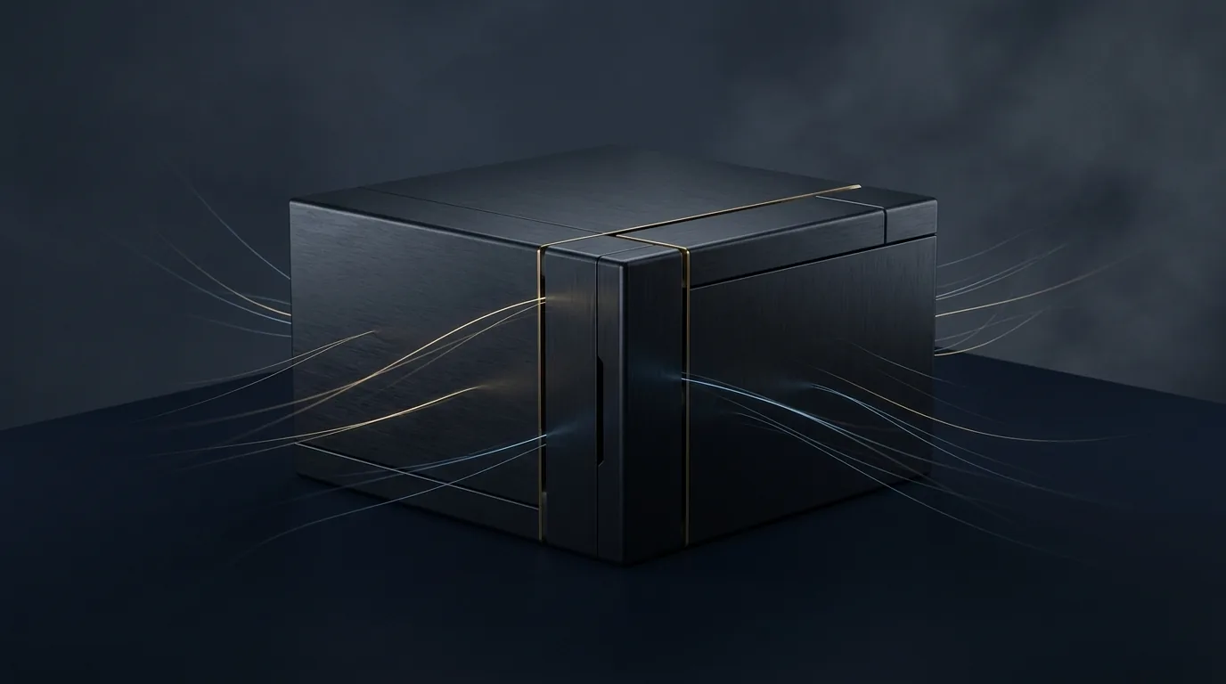 Abstract navy and steel editorial illustration of a sealed enclosure with a few faint light traces escaping at its edges, with subtle gold accents and open negative space.