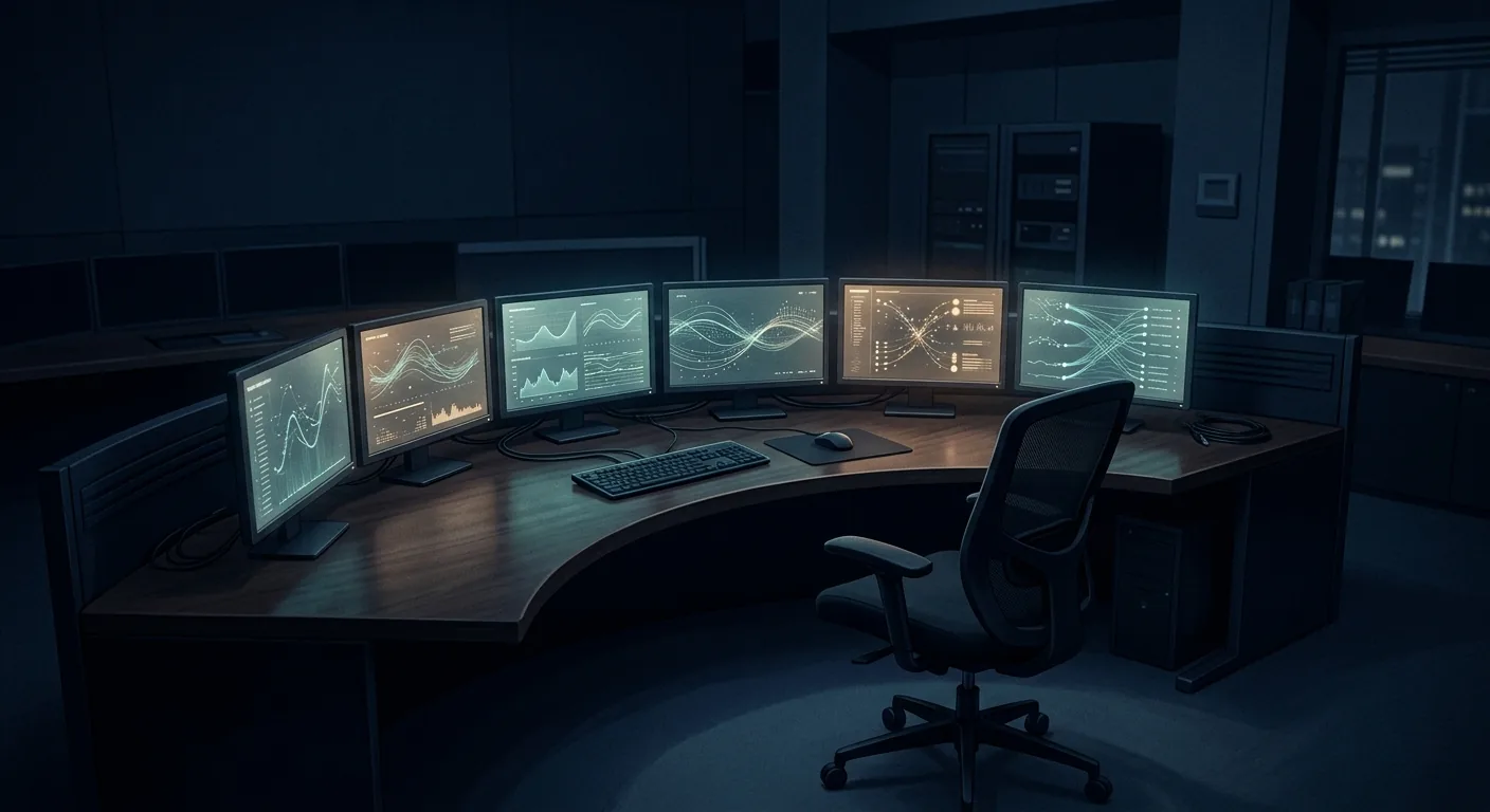 A dim control room at night with a fan of small glowing screens, each showing a different running process, and one empty chair facing all of them.