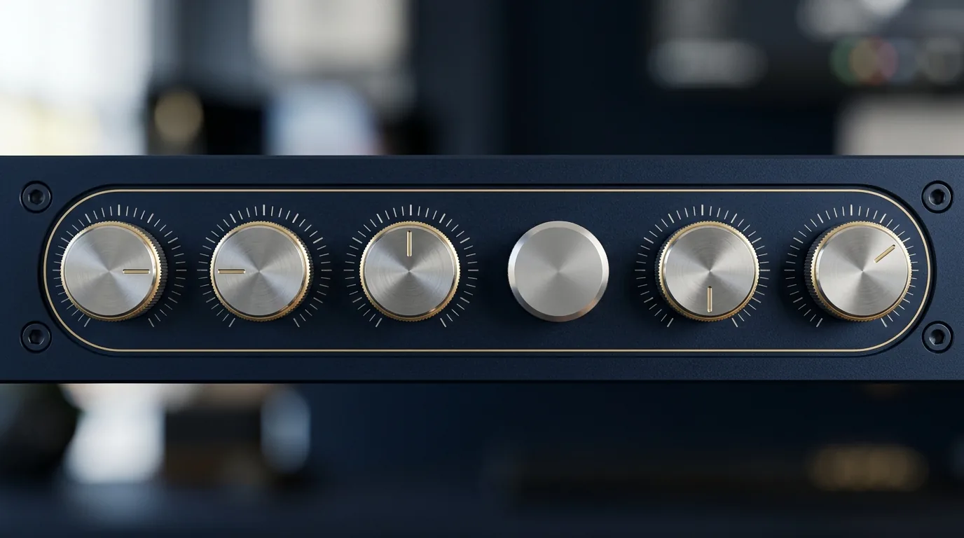 A row of small control dials on a dark navy panel, all set to a clear value except one dial left blank and unmarked.
