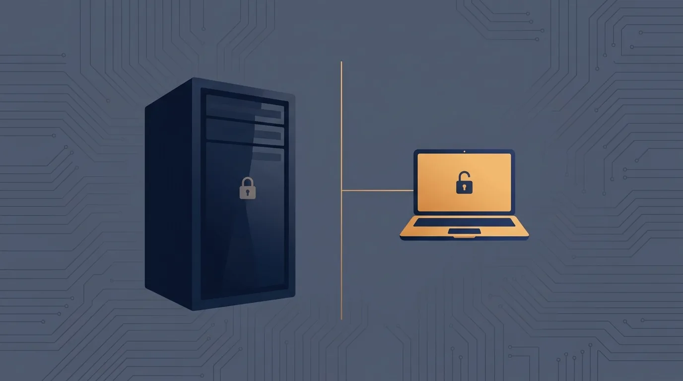 A weighing scale balancing a large server rack labeled with a lock icon against a small laptop labeled with an open padlock, representing the licensing split between a metered flagship model and a free locally-runnable model.