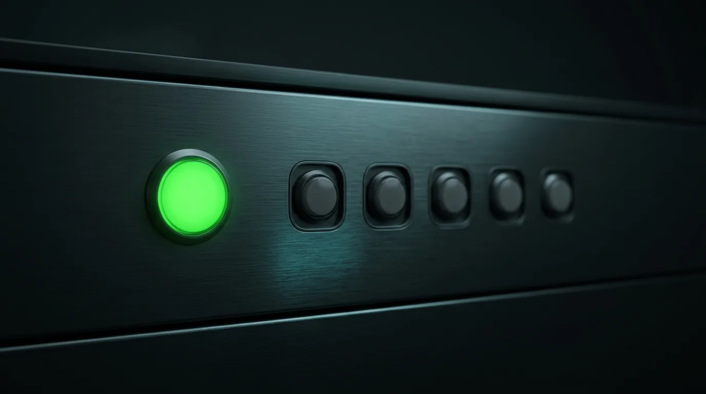 A dark control-room style display showing one large lit green status badge beside five smaller unlit status lamps, suggesting a single signal standing in for five distinct run outcomes.