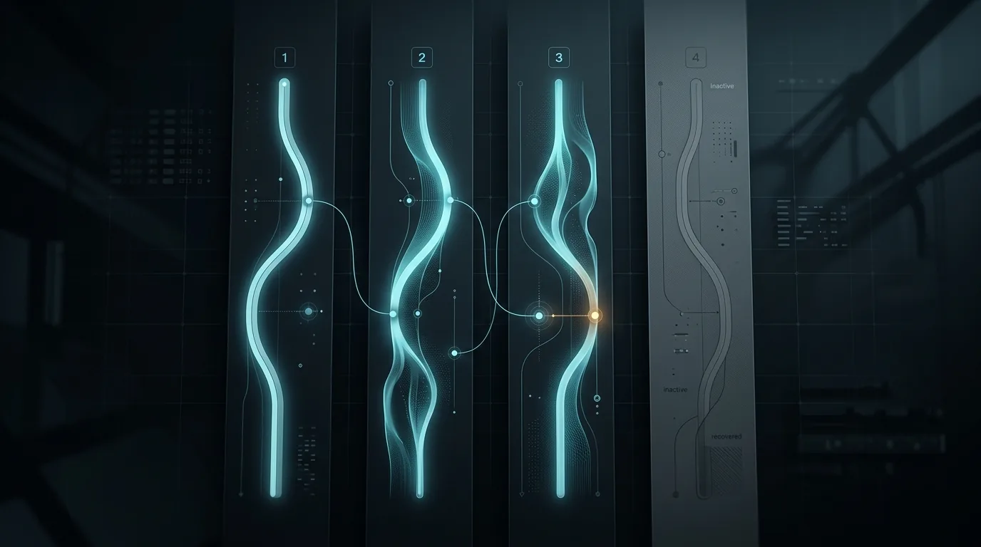 Abstract dark dashboard illustration with four vertical lanes of parallel agent runs, three glowing cyan and one greyed out to represent a run recovered from an earlier session
