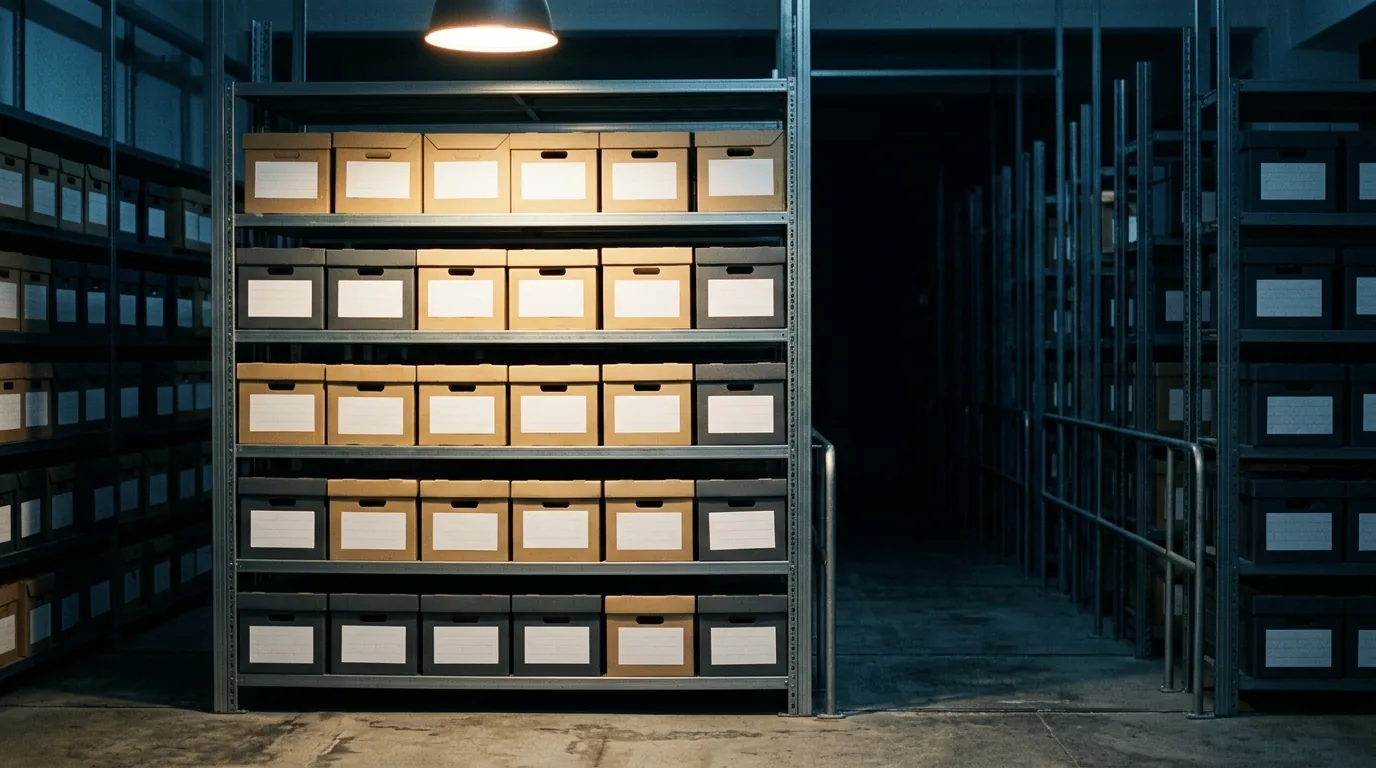 A dim archive room where the nearest shelf of labelled boxes is brightly lit and fully catalogued while the shelves behind it fade into darkness, suggesting a record that is well kept in the short term and unreachable further back.