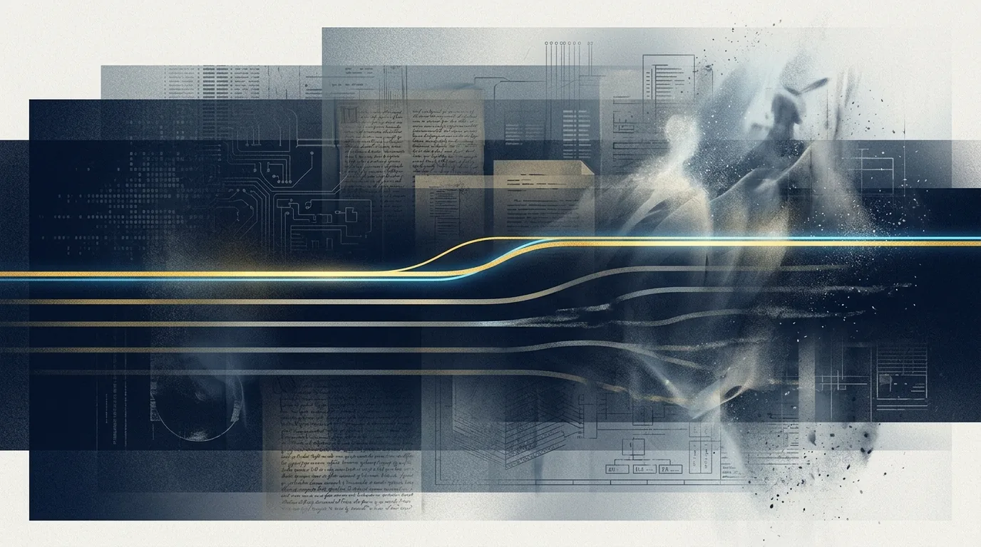 Abstract navy and steel editorial illustration of layered translucent archival strata, with one bright continuous line running through several parallel lines that fade out.