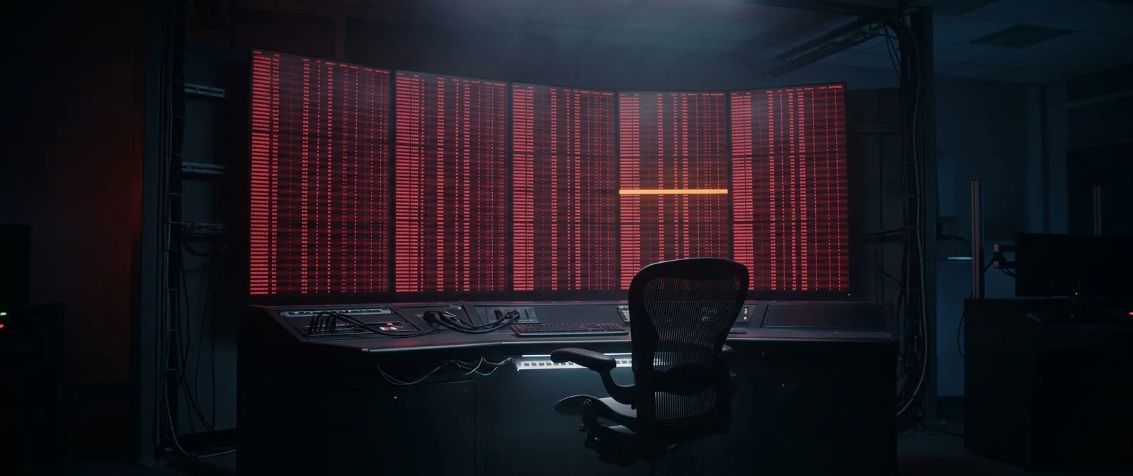 A dark control-room style monitoring wall where most alert rows glow the same shade of red, with a single amber row set apart from them, and an empty operator chair facing the wall.