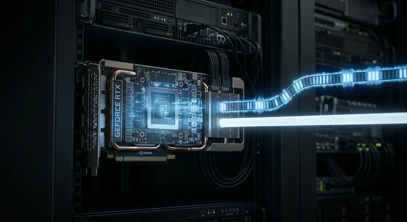 A server rack GPU glowing with data traffic lines splitting into two separate lanes, one metered and one fixed, representing two different concurrency limits.