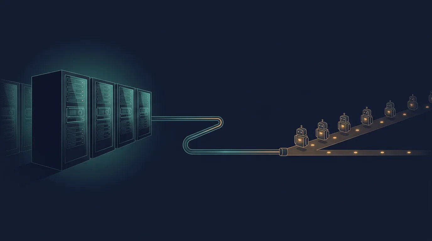 A row of GPU server racks on one side and a single winding queue of small robot icons on the other, connected by one narrow pipe, illustrating multiple agents funneled through one serial connection to a local model.