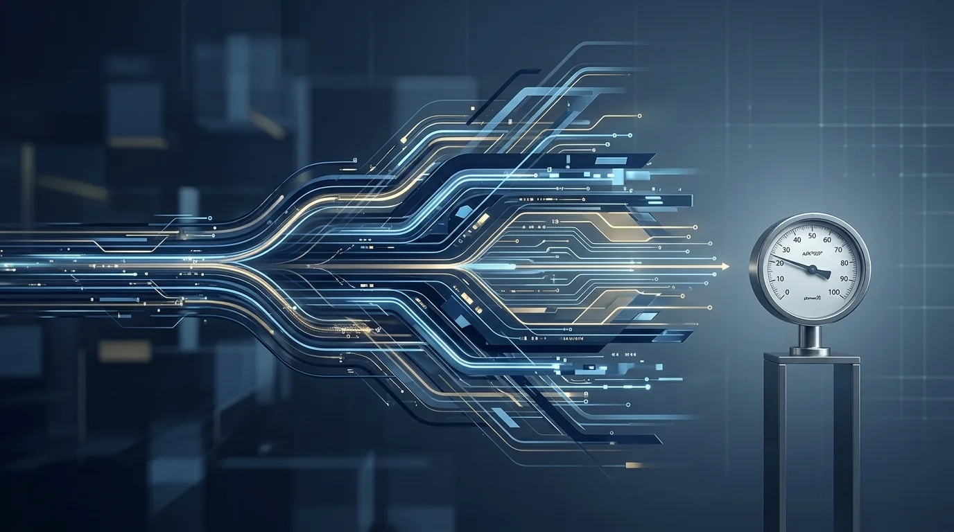 Abstract editorial illustration of a widening flow of parallel navy and gold data lanes running beside a single small steel gauge that stays the same size, representing capacity that grew faster than the safeguard next to it.