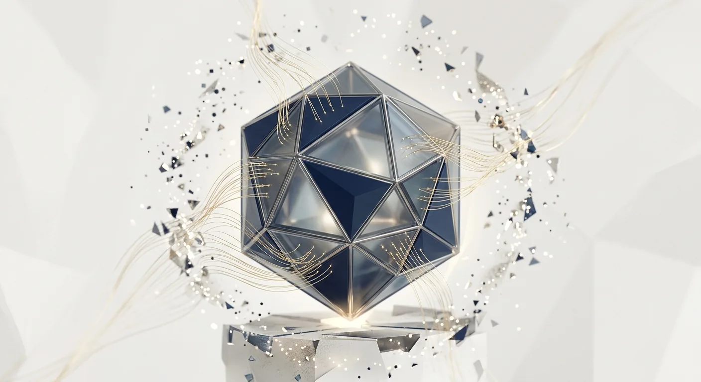 Abstract 3D render of a translucent navy and steel polygonal vault with gold filament lines flowing from a cloud of light particles toward the vault shell and stopping at its surface, on a soft off-white background.