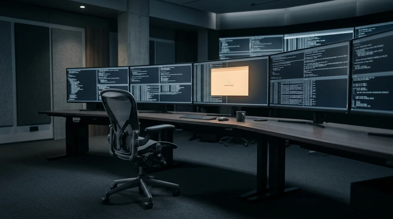 A single empty office chair in front of a wall of running terminal windows, with one window showing a paused process waiting for a person who has not arrived.