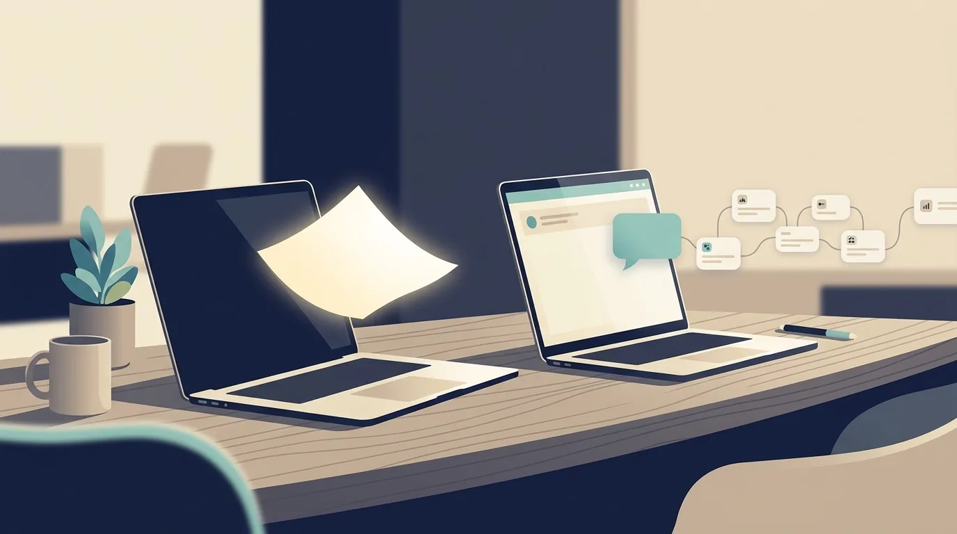 Illustration of two laptops on a wooden desk: a glowing sheet of paper floats out of one, and beside the other a teal chat bubble sits next to a chain of small connected cards.