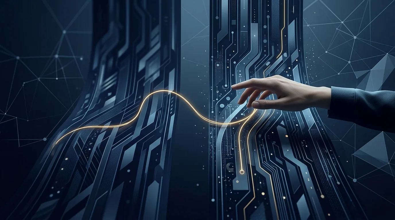 Abstract navy and steel illustration of two flowing streams of circuit-like lanes, with a human hand reaching into the right-hand stream and a single gold thread crossing from one stream into the other.