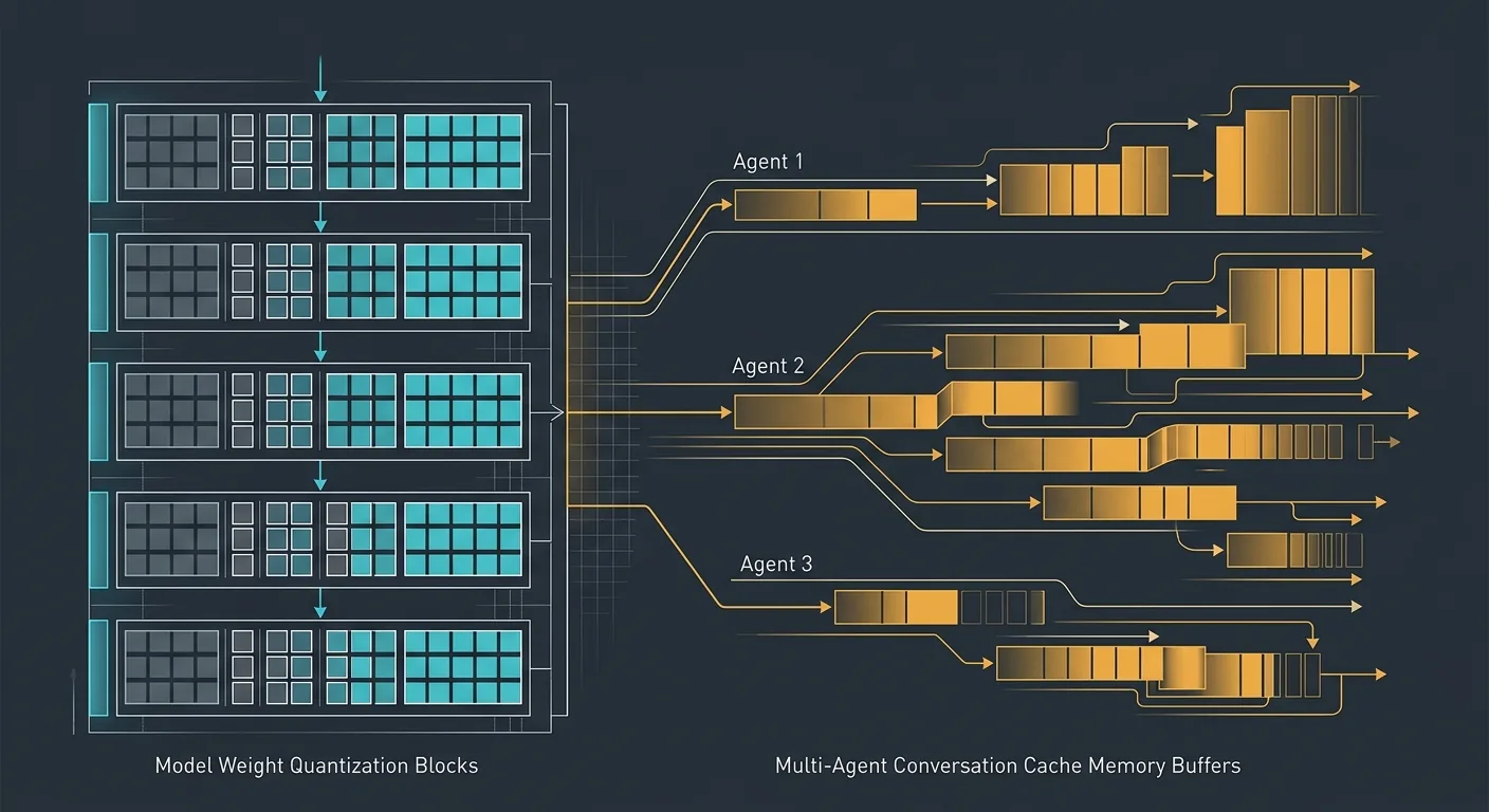 A technical diagram illustrating 4-bit quantized model weights alongside expanding conversation cache buffers across concurrent AI agents.