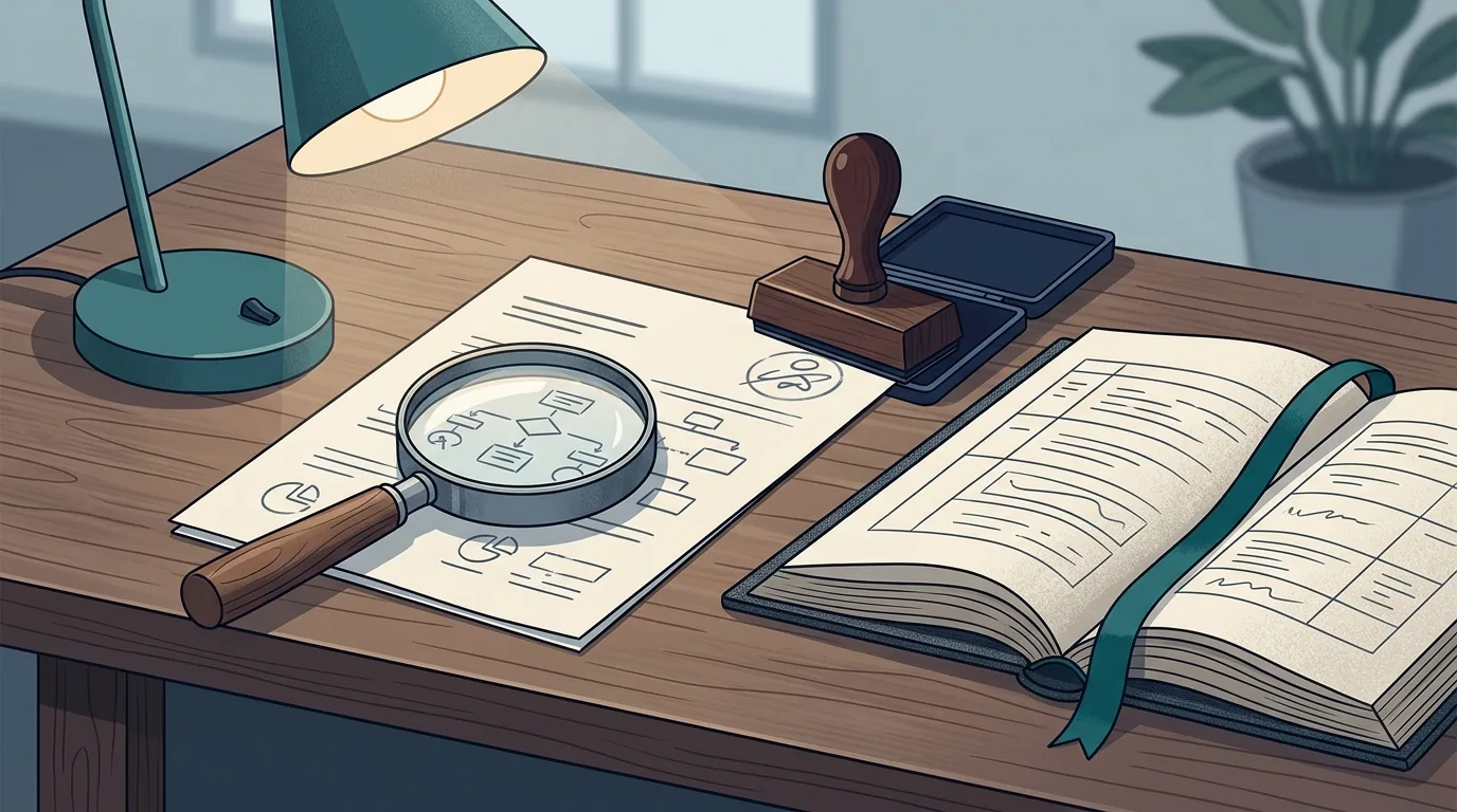 Illustration of a wooden desk with a paper document under a magnifying glass, a rubber stamp beside it, and an open ledger book with a ribbon, lit by a teal desk lamp.