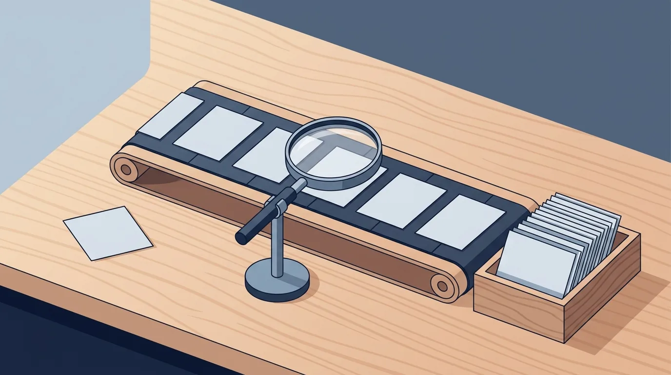 Illustration of a wooden workbench with a small conveyor belt carrying a row of paper cards under a magnifying glass on a stand, a tray of finished cards at the end, and one card set aside on the bench.