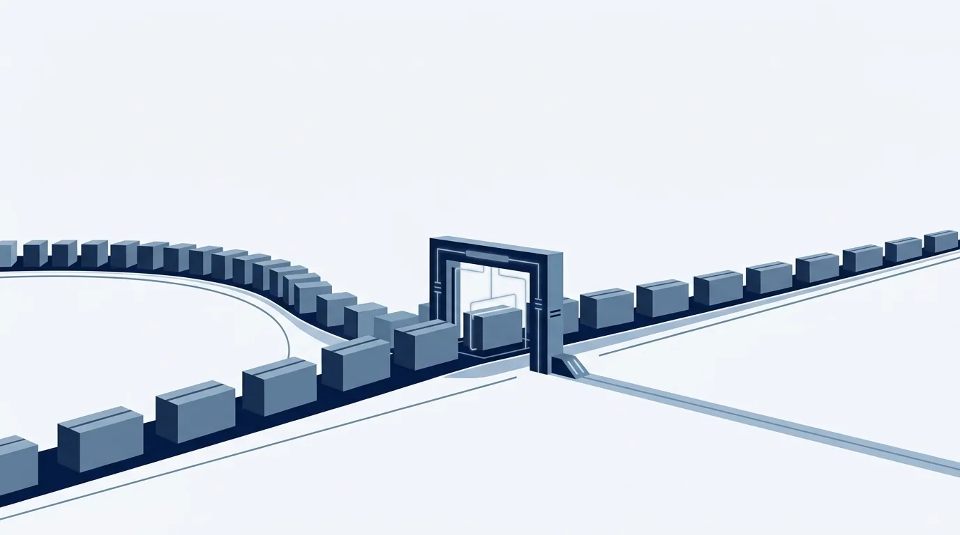 Flat navy and steel blue illustration of a long line of boxes moving along a track through a single inspection gate, with one box held inside the gate while the others continue past it.