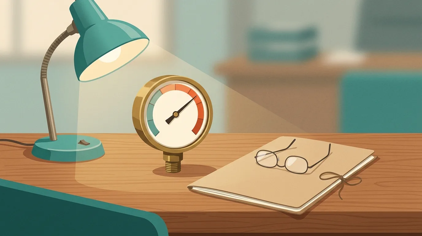 Illustration of a wooden desk with a brass pressure gauge whose needle points high, beside a closed paper folder that nobody has opened and a pair of reading glasses resting on top of it.