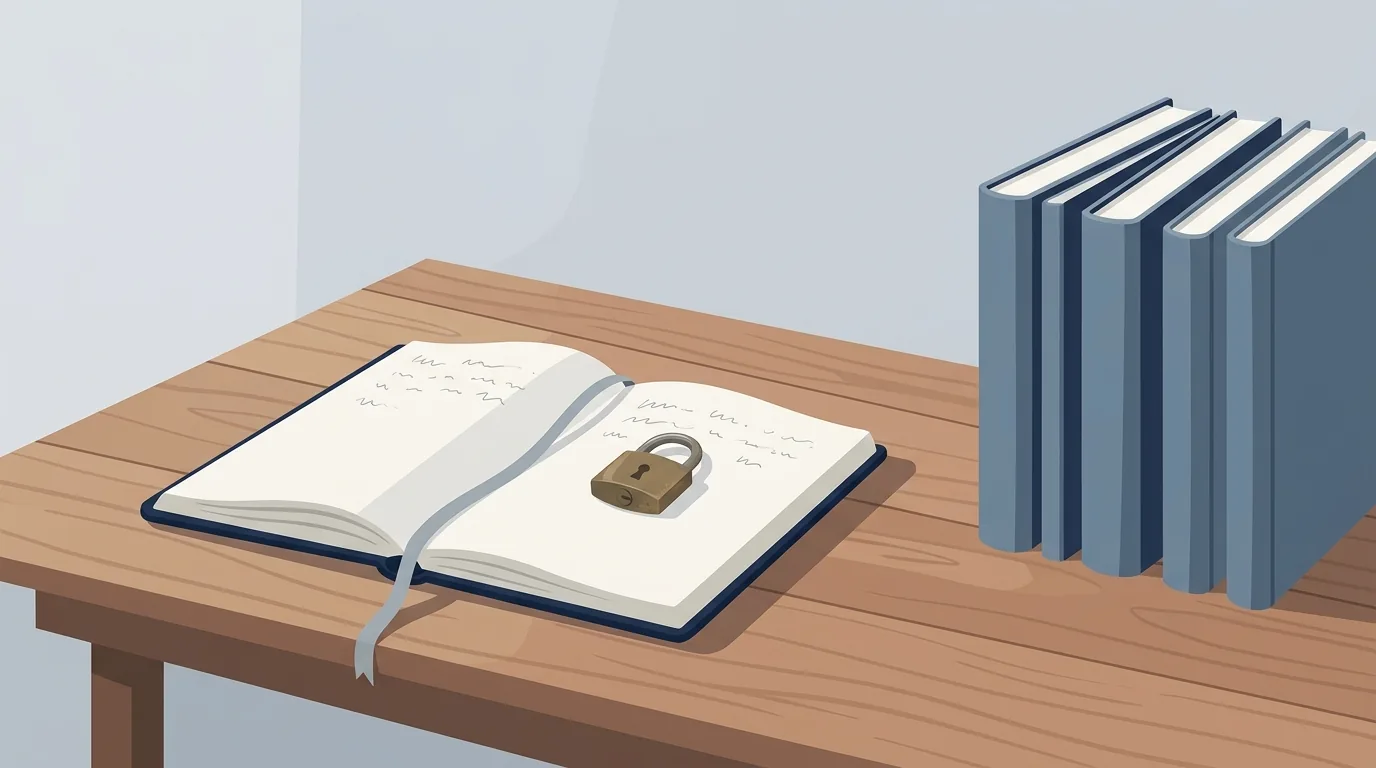 Illustration of a tidy wooden desk with an open paper notebook held by a ribbon bookmark, a small brass padlock resting on its page, and a row of closed blue notebooks standing beside it.