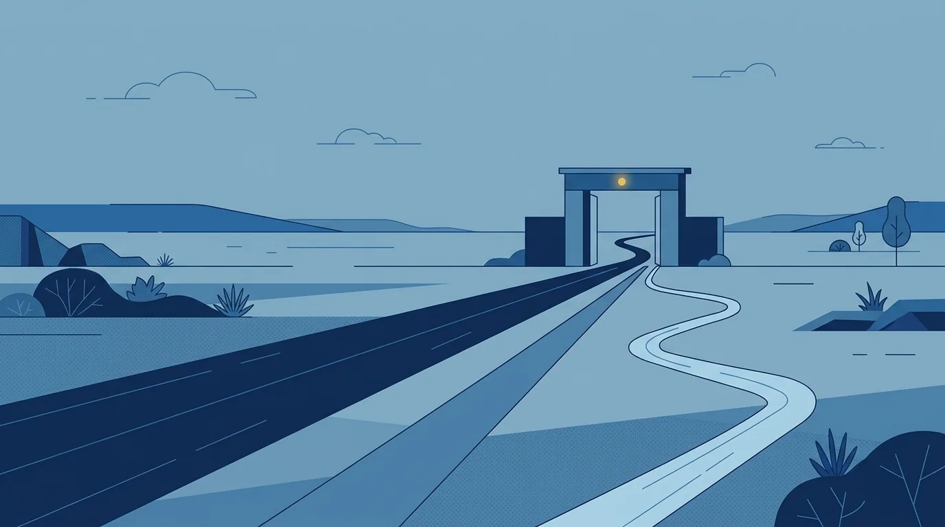 Flat navy and steel blue illustration of a wide road, a straight track and a winding footpath crossing an open plain and meeting at one gate with a small gold light above it.