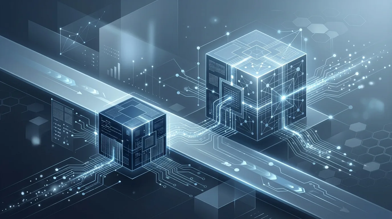 Illustration of two glowing cubes of different sizes sitting side by side on a circuit board, a small one and a large one, joined by thin lines of light.